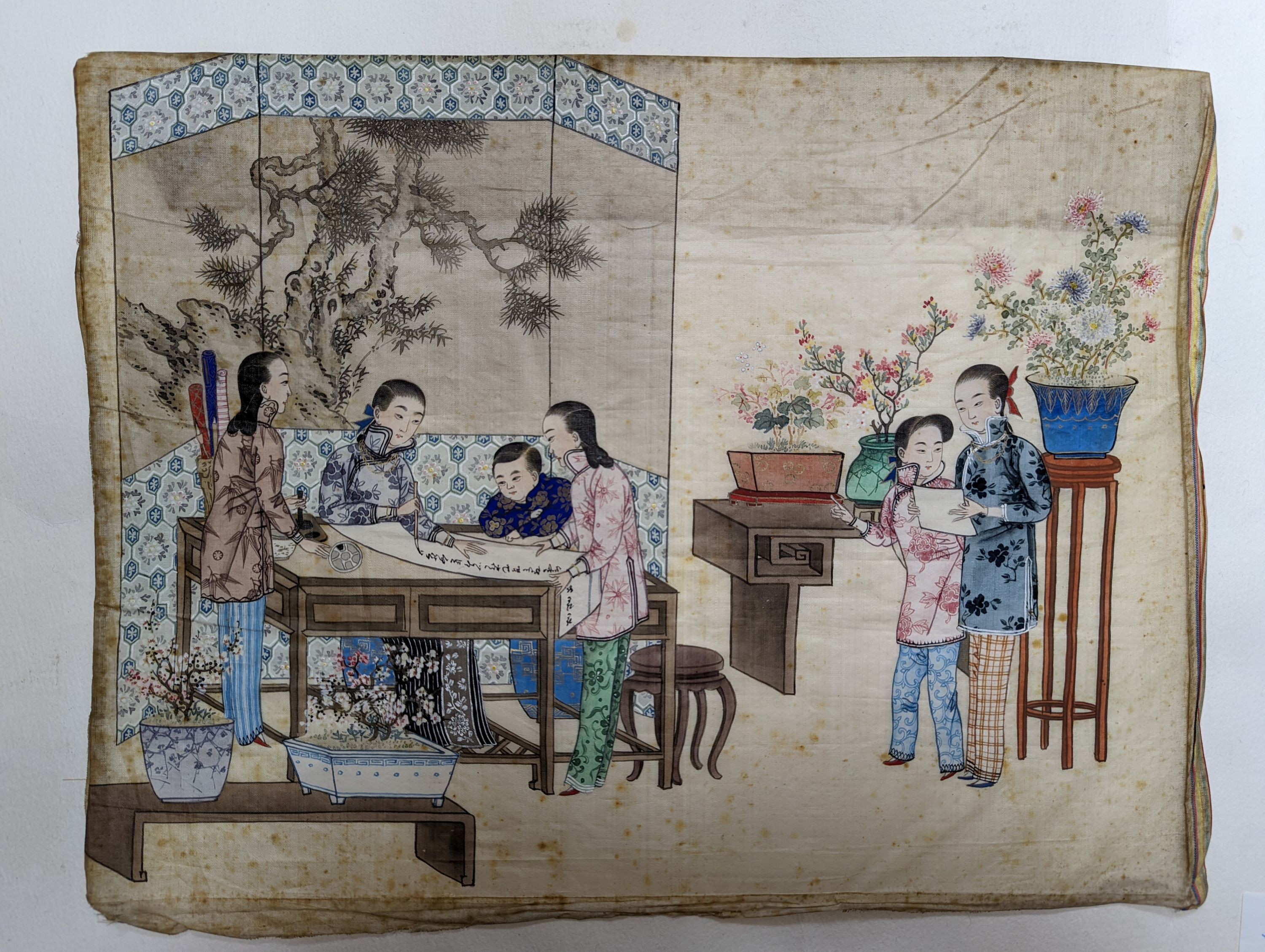 Chinese school circa 1900, gouache on silk, Calligrapher with onlookers, 31 x 40cm, unframed